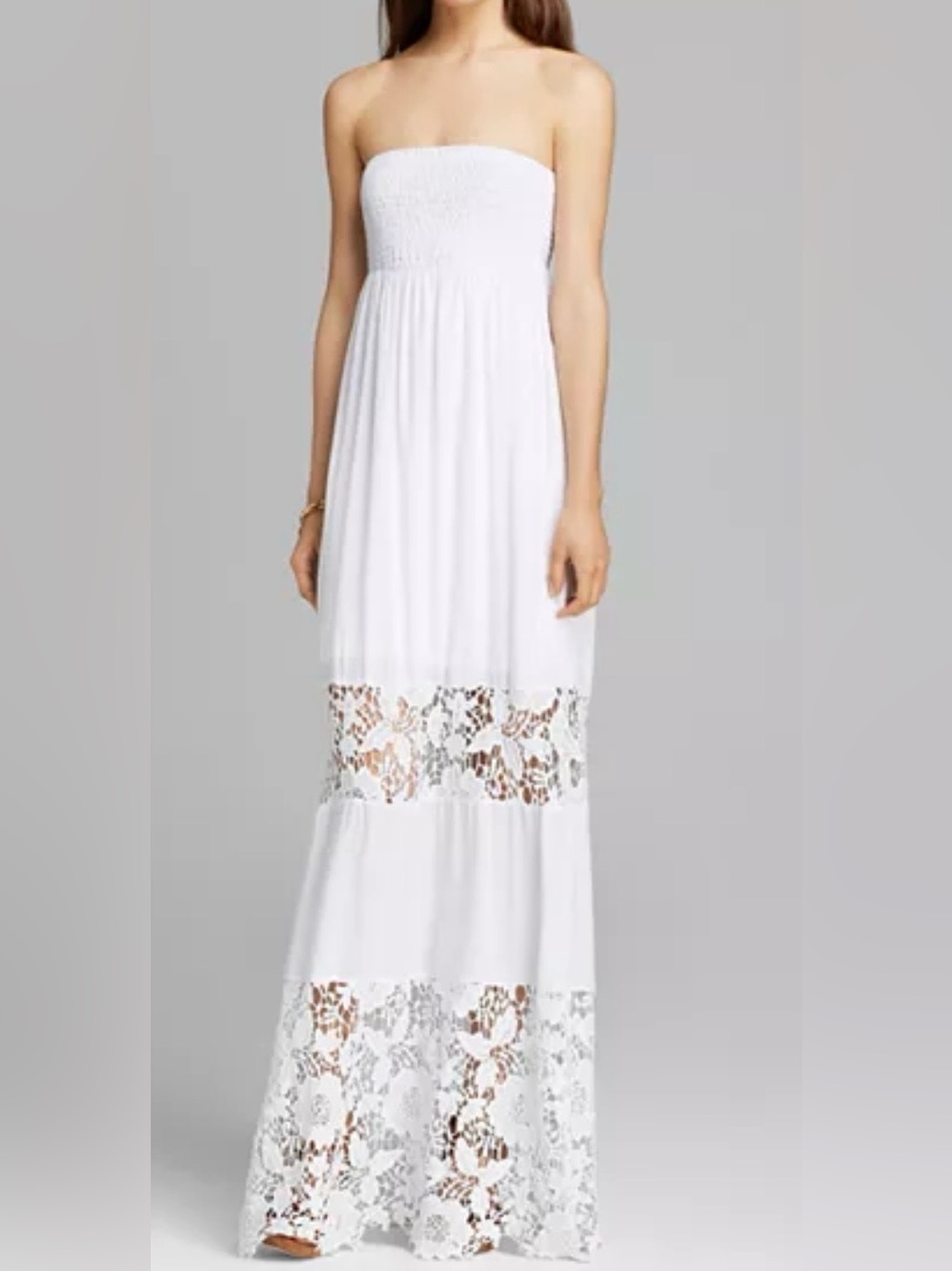 GUESS's Sheer embroidered floral lace panels dreamy strapless maxi dress S L A